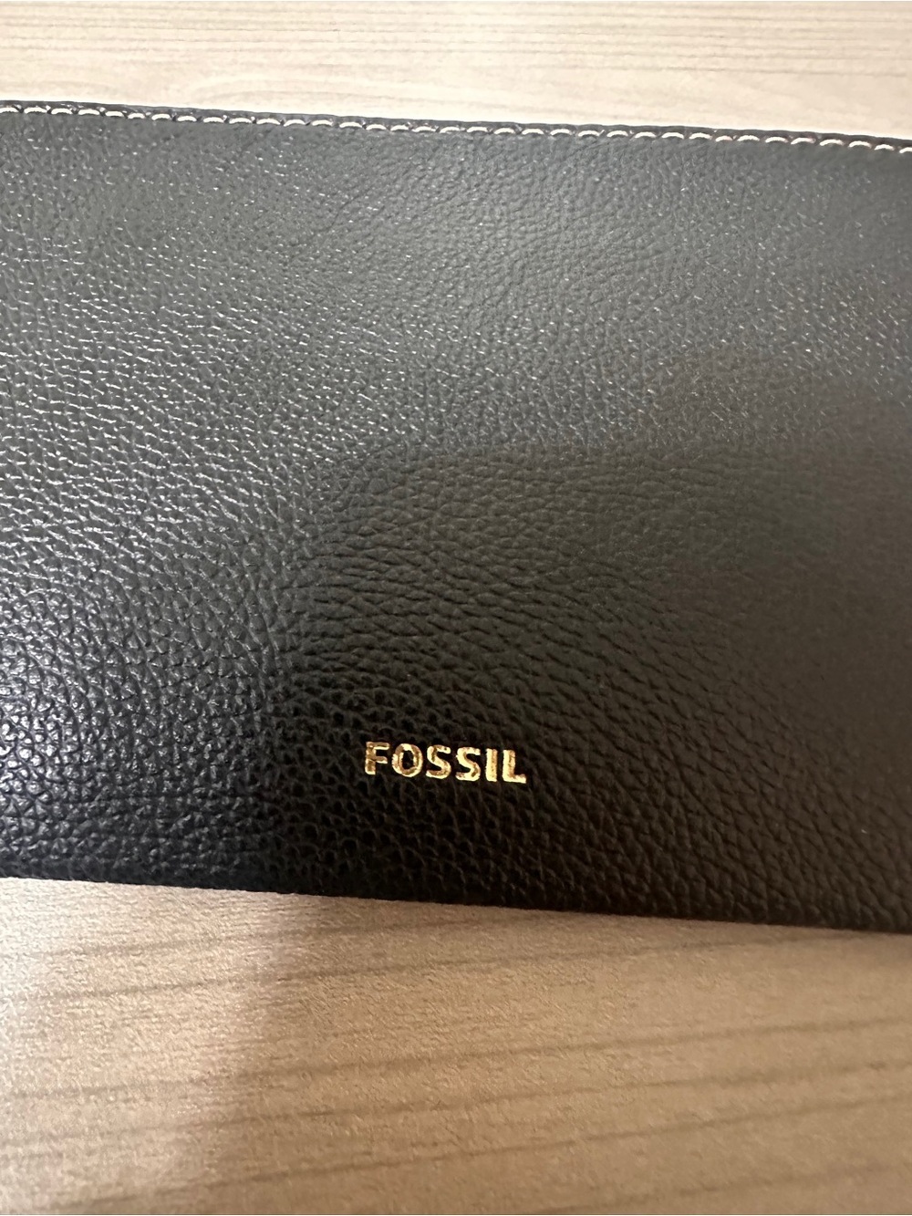 Fossil Black Pebble Leather Wristlet with Gold Trim